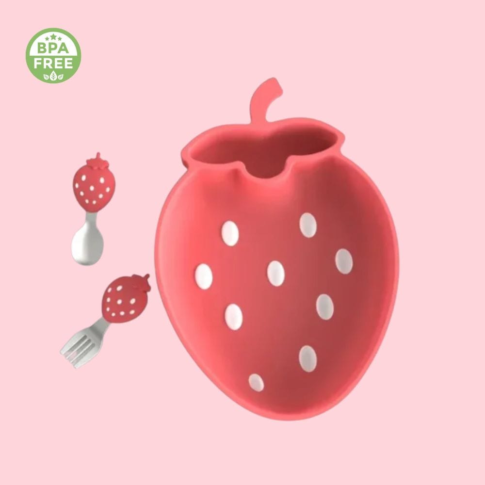 piato silikonis fraoula Πιάτο 100% Σιλικόνης με Κουτάλι/Πιρούνι – Φράουλα - Image 1