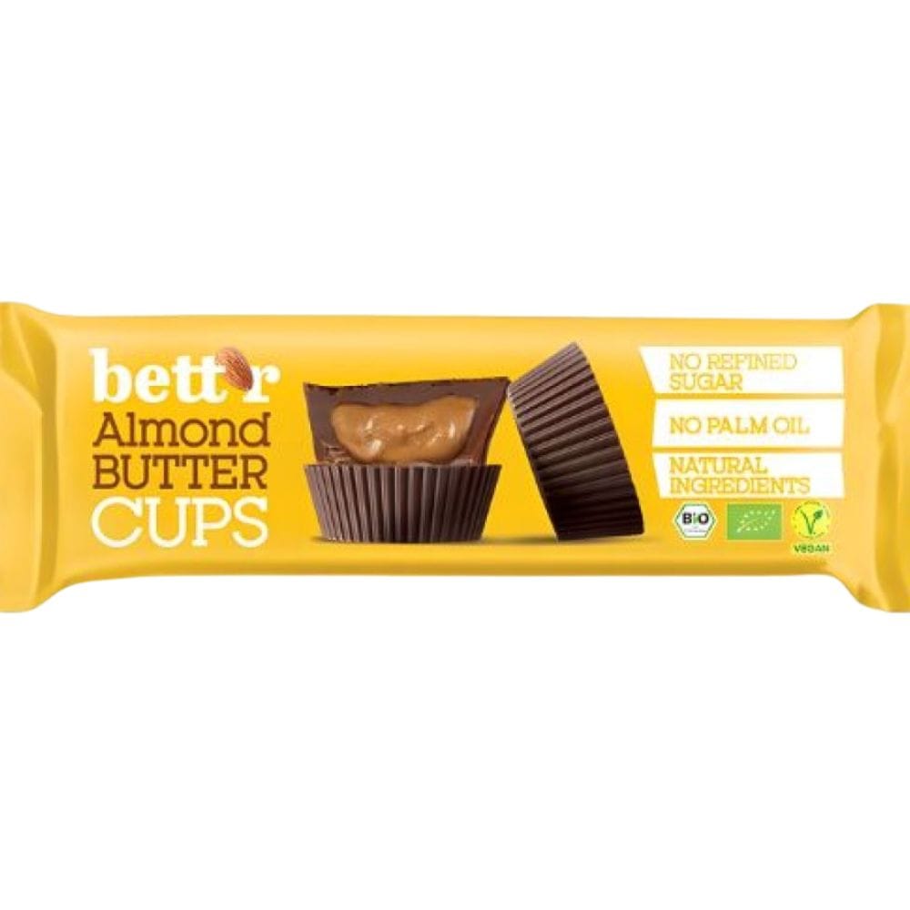 almond cups Βιολογικά Cups με πραλίνα Αμυγδάλου Xωρίς Ζάχαρη 39g - Bettr - Image 1