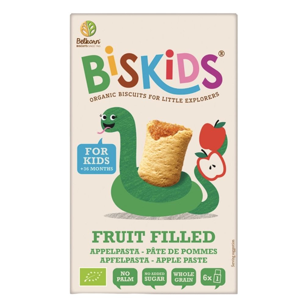 fruit filled cookies milo biskids Βιολογικά Παιδικά Μπισκότα FRUIT FILLED με γέμιση Μήλο 120g (+3 χρονών) - BISKIDS - Image 1
