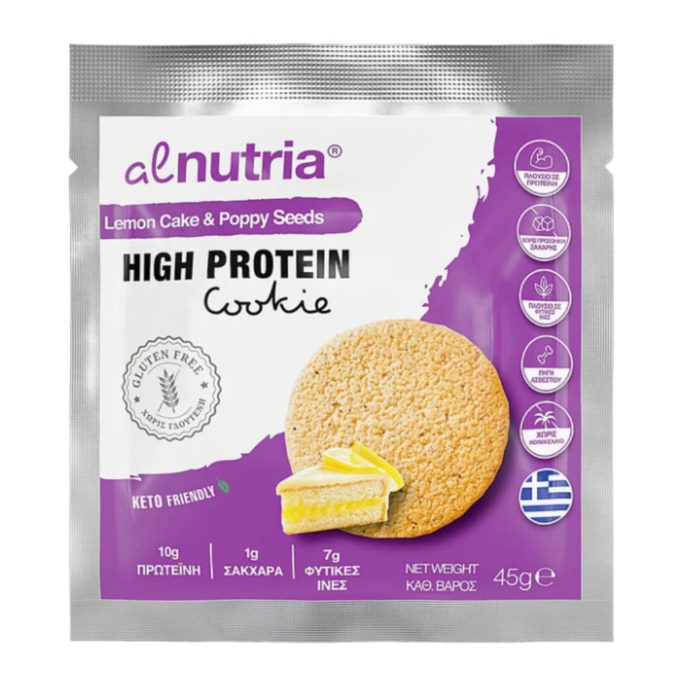 al nutria lemon cake Μπισκότο Υψηλής Πρωτεΐνης Lemon Cake & Poppy Seeds Χωρίς Ζάχαρη 45gr- Al Nutria - Image 1